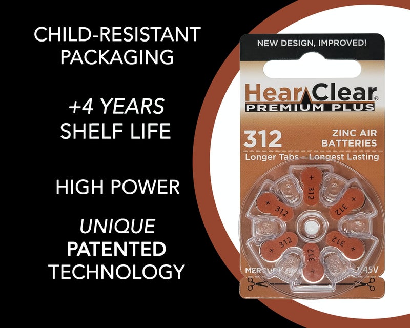 Hear Clear Size 312 PR41 1.45V Zinc Air Hearing Aid Batteries Brown Tab (60 Pack) [Child-Resistant Packaging] - Image 2